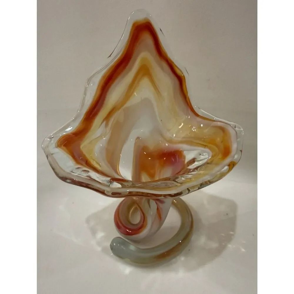 MCM Artisan Swirl Blown Glass Accent Bowl Vase Amber White Swirl 7 3/4 In Tall